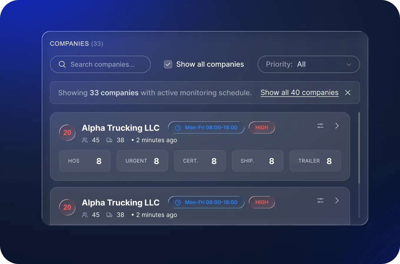 Safe Fleet company list with HOS status and priority filters